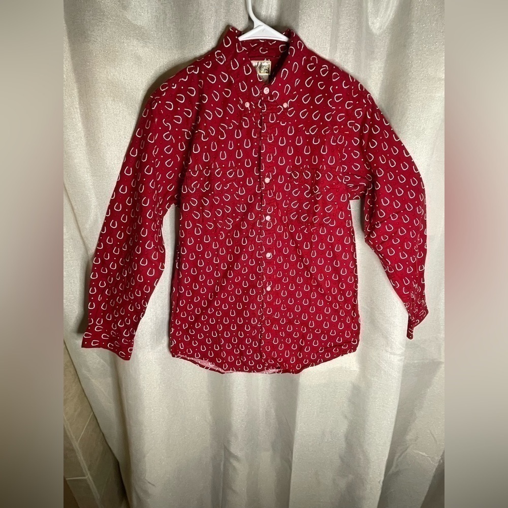 Vintage Express Rider Red Button Down Horseshoe Print Western Shirt Size Medium  - Picture 8 of 8